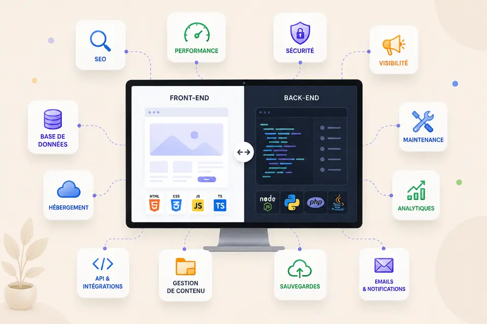 Schéma du développement web full-stack, du front-end au back-end
