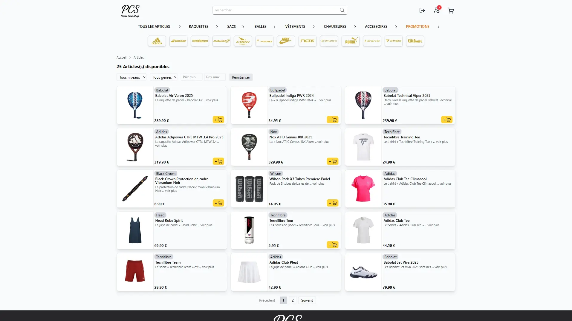 Padel Club Shop — vue de l’interface 1